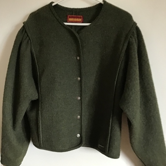 Geiger Women Pure Virgin Wool Cardigan Sweater Long Puff Sleeve Green Size L XL - Picture 4 of 8